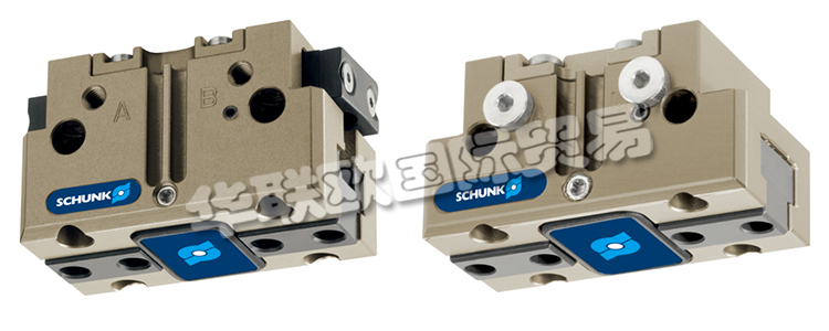SCHUNK機械爪手JGP64-1帶雙平動機械手的旋轉(zhuǎn)頭，可在機器內(nèi)同時裝載和卸載工件。在壓縮空氣的作用下，橢圓形活塞上下移動。楔式結(jié)構(gòu)的有角度活動表面使基爪能夠同步平動。
